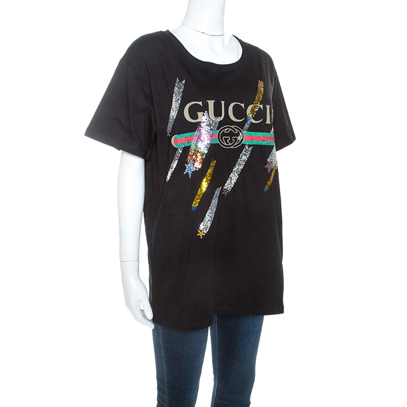 

Gucci Black Logo Printed Cotton Embellished Detail T-shirt