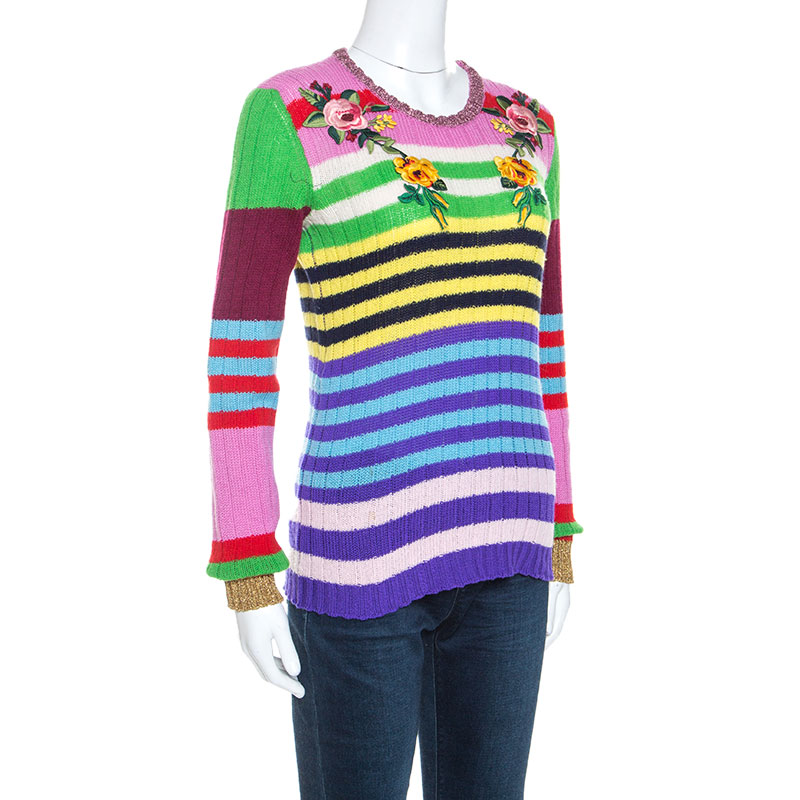 

Gucci Multicolor Striped Cashmere Blend Applique Detail Sweater