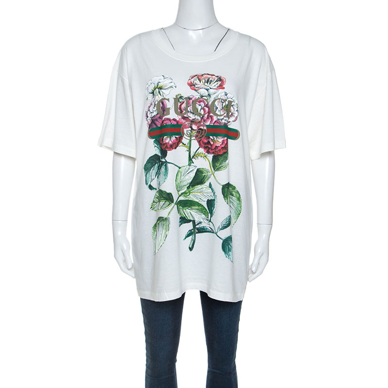 Gucci White Floral Logo Printed Cotton T-Shirt L