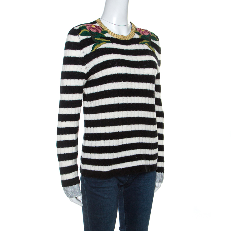 

Gucci Monochrome Striped Knit Floral Embroidered Applique Sweater, Black