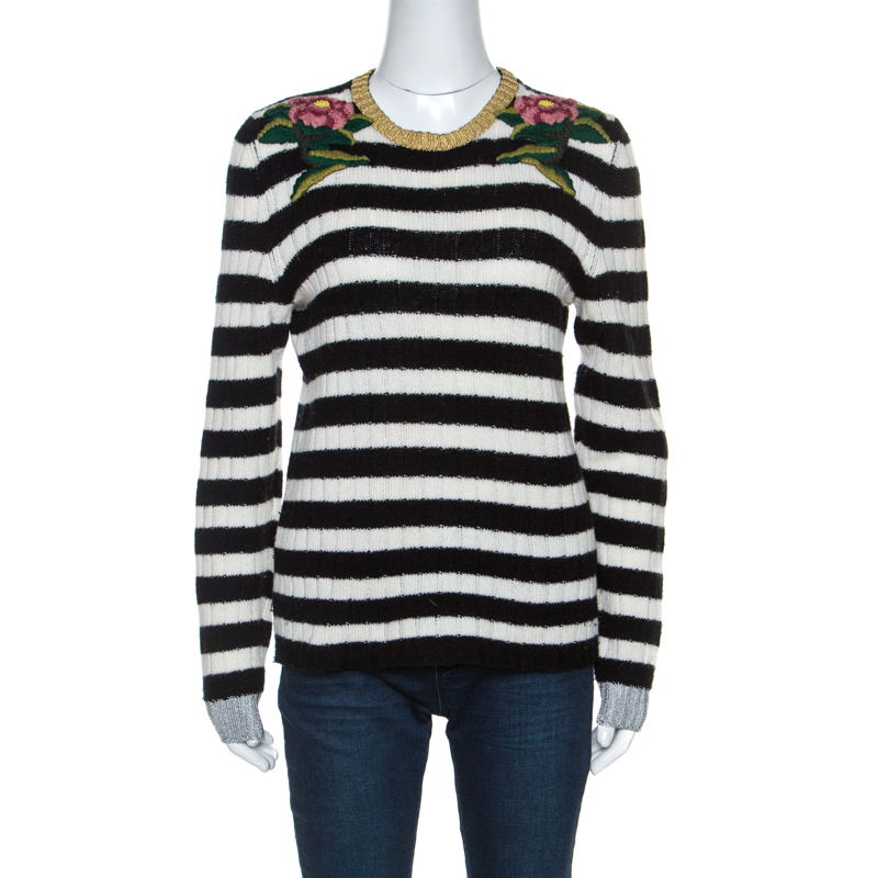 Gucci Monochrome Striped Knit Floral Embroidered Applique Sweater M
