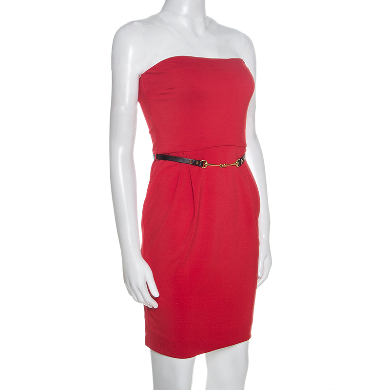 

Gucci Red Crepe Belted Strapless Dress