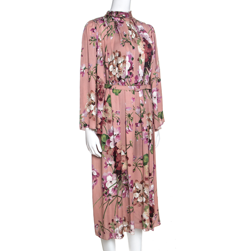 

Gucci Dusky Pink Floral Print Neck Tie Detail Belted Dress