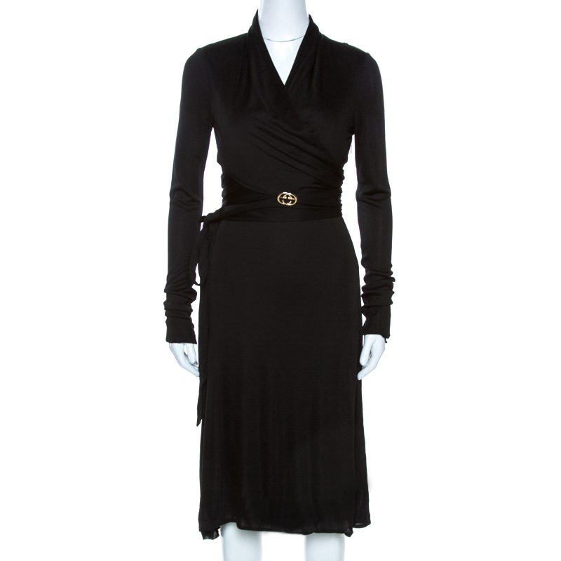 Pre-owned Gucci Black Knit Wrapped Tie Detail Midi Dress S
