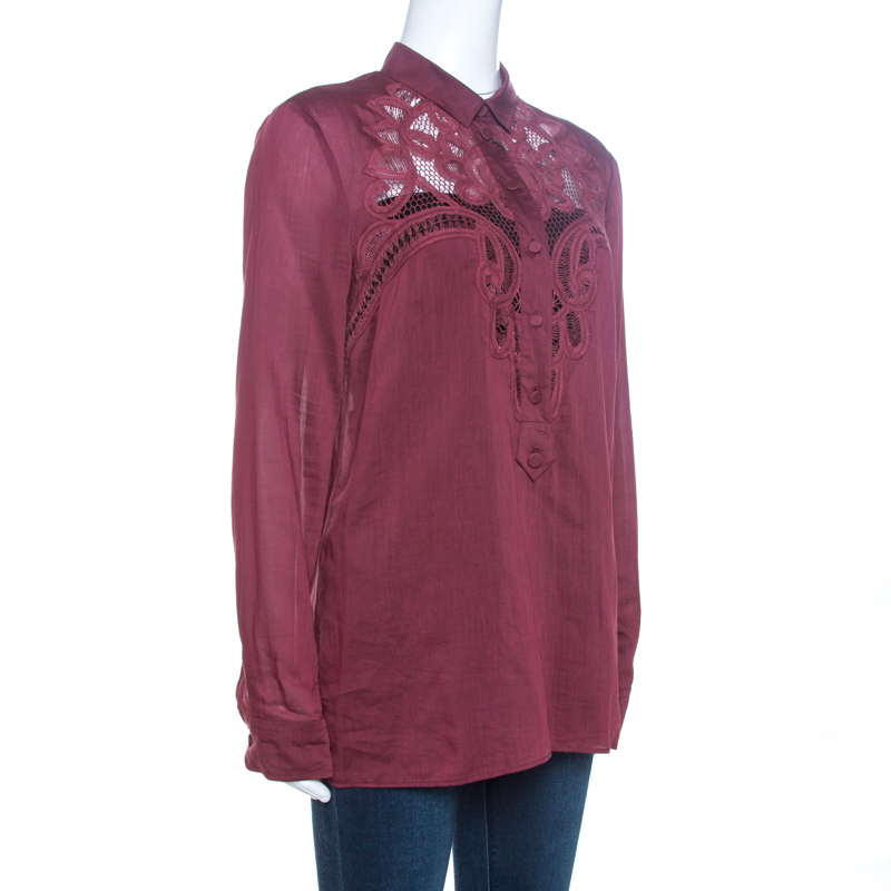 

Gucci Burgundy Cotton Lace Trim Long Sleeve Blouse