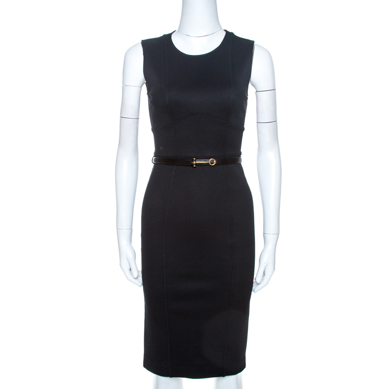 Pre-owned Gucci Black Knit Belted Sleeveless Sheath Dress S