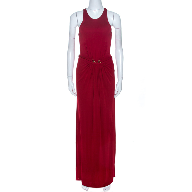 Pre-owned Gucci Scarlet Red Knit Belt Detail Sleeveless Maxi Dress M