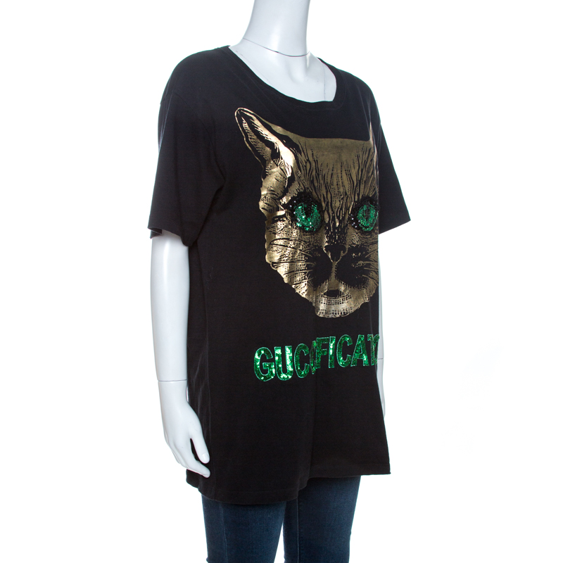 

Gucci Black Mystic Cat Guccification Embellished T-Shirt