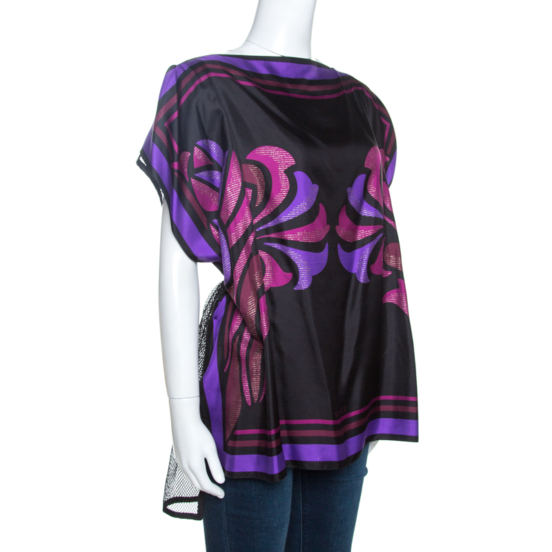 

Gucci Purple Floral Printed Silk and Mesh Kaftan Top