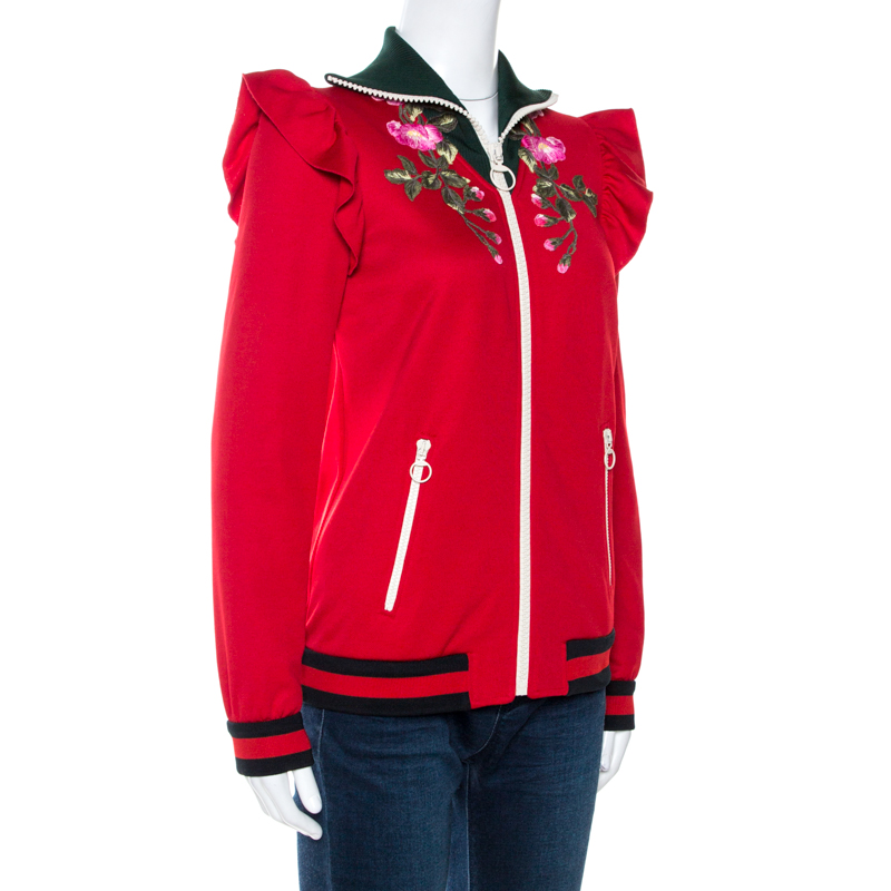 

Gucci Red Floral Embroidered Ruffled Detail Technical Jacket