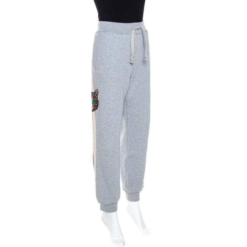 

Gucci Grey Striped Knit Cat Sequin Applique Jogger Pants