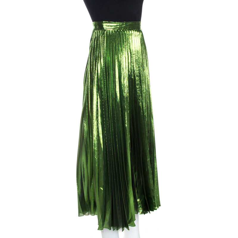 

Gucci Green Metallic Plisse Silk Pleated Midi Skirt