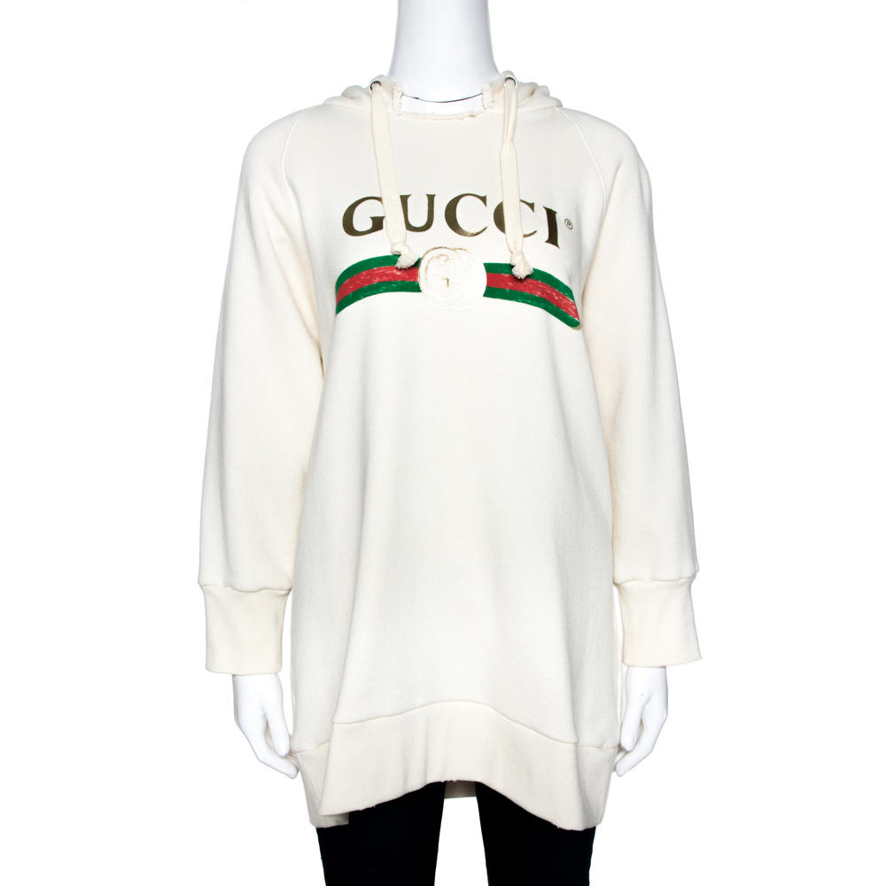 Pre-owned Gucci Cream Appliqued Cotton Blind For Love Oversized Hoodie M