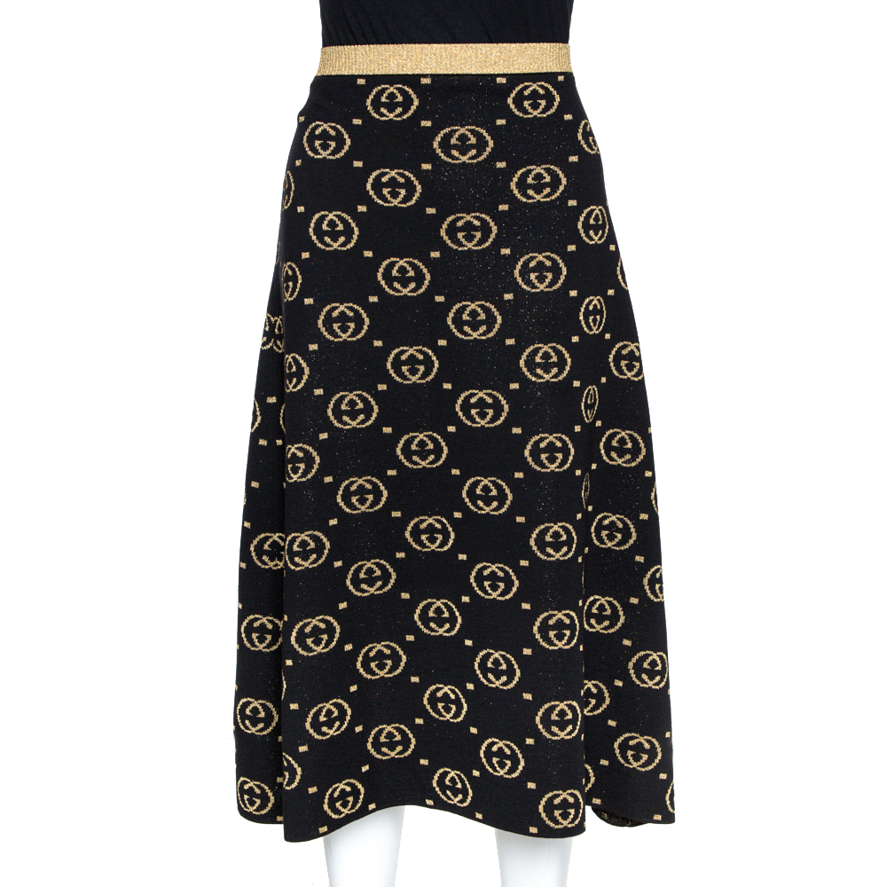 Gucci Black and Gold Wool Lurex Trim GG Logo Detail Skirt L