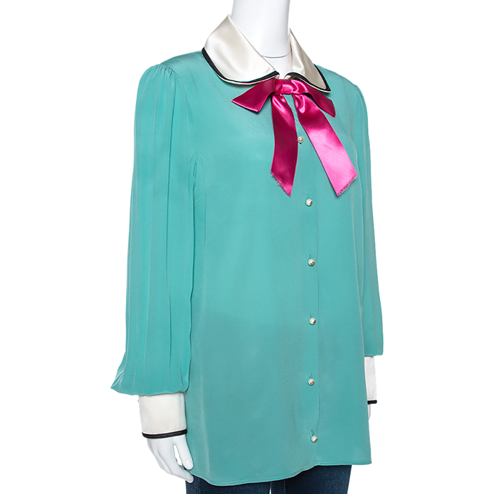 

Gucci Jade Green Silk Bow Detail Long Sleeve Blouse