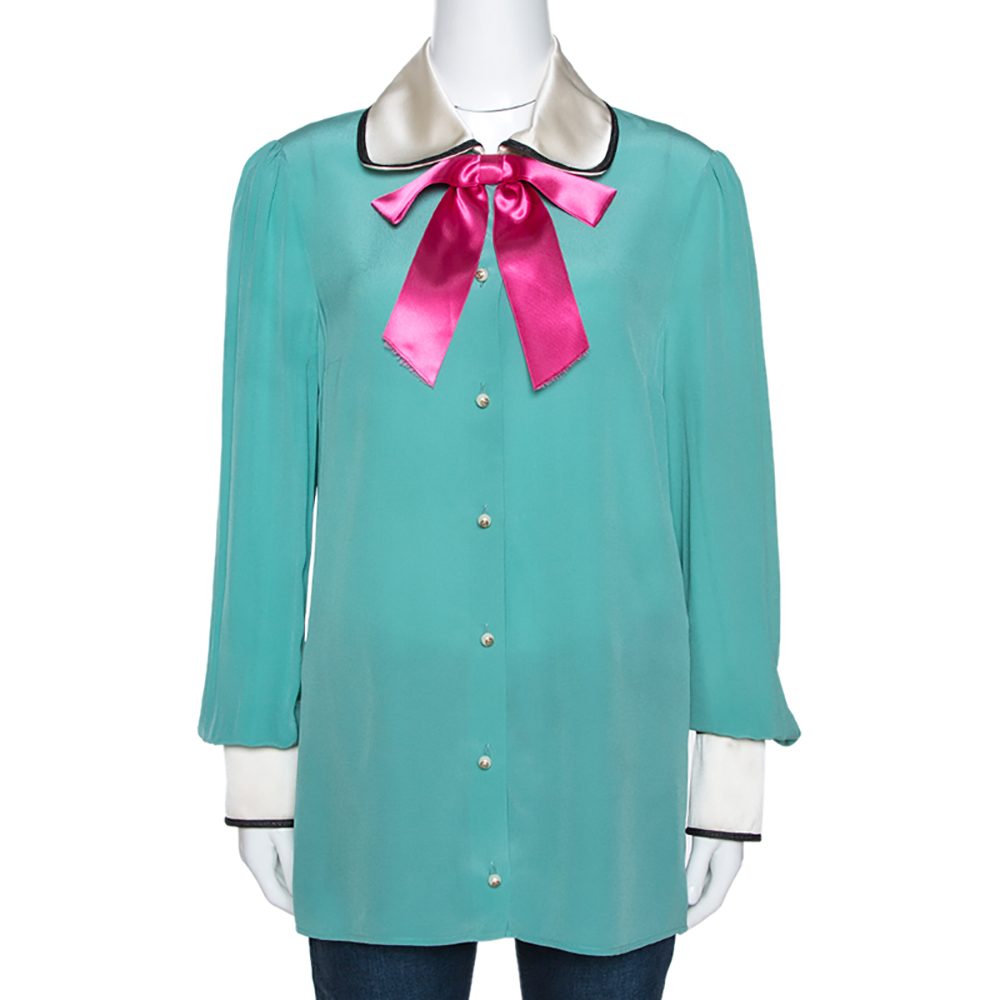 Pre-owned Gucci Jade Green Silk Bow Detail Long Sleeve Blouse M