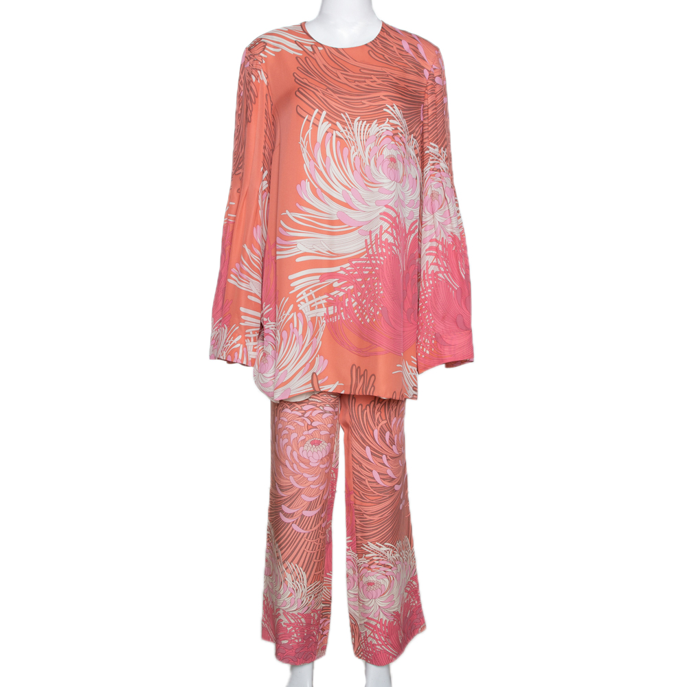 Gucci Peach Floral Print Silk Top and Pant Set L