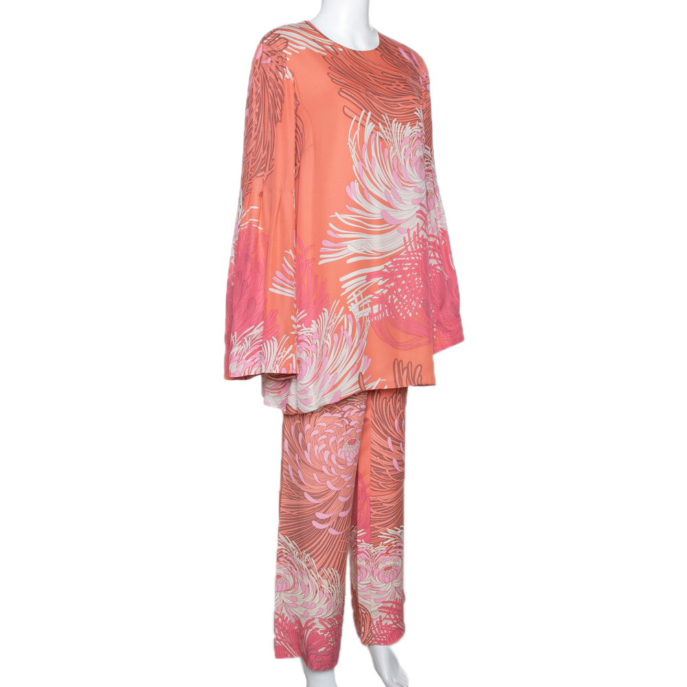 

Gucci Peach Floral Print Silk Top and Pant Set, Pink