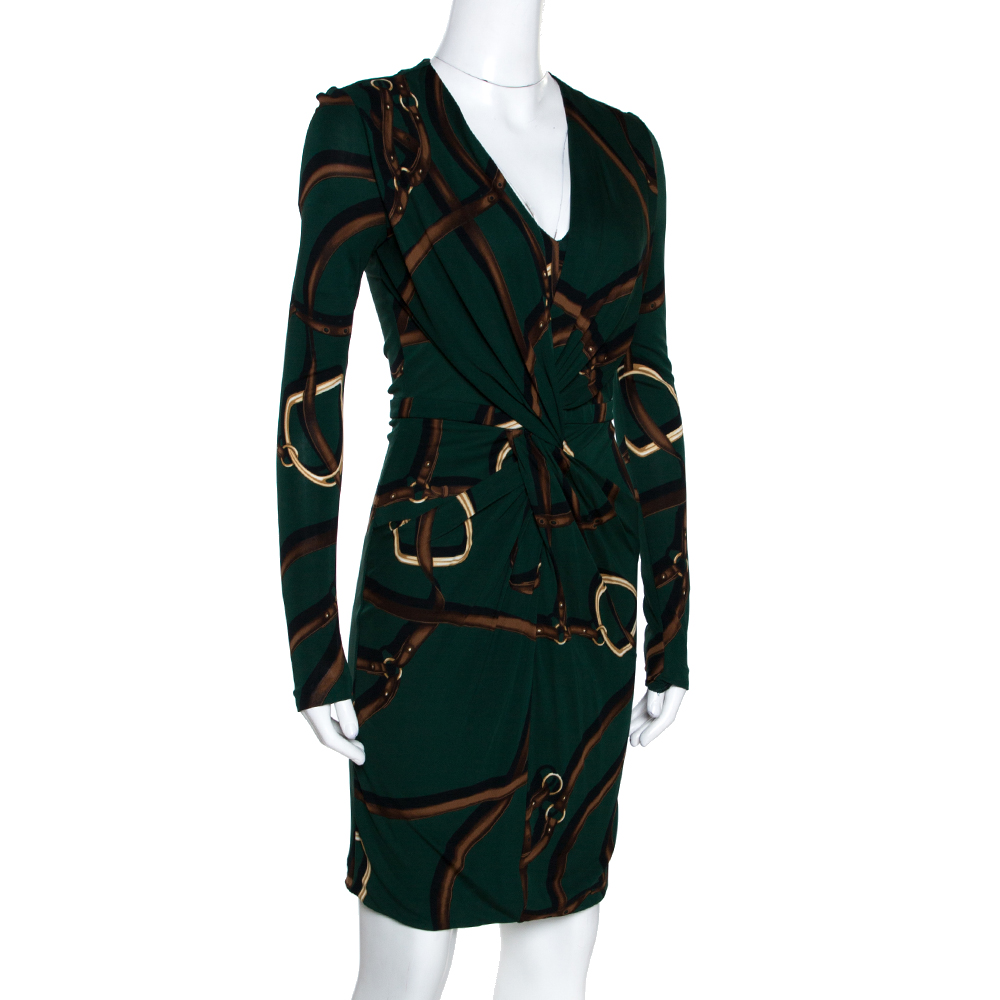 

Gucci Dark Green Equestrian Printed Jersey Draped Long Sleeve Dress