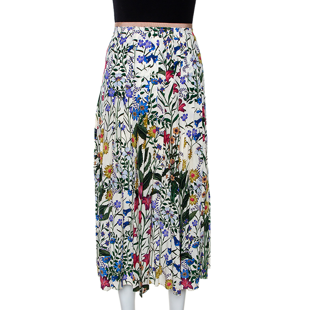 Pre Owned Gucci Multicolor Floral Printed Silk Pleated Midi Skirt M