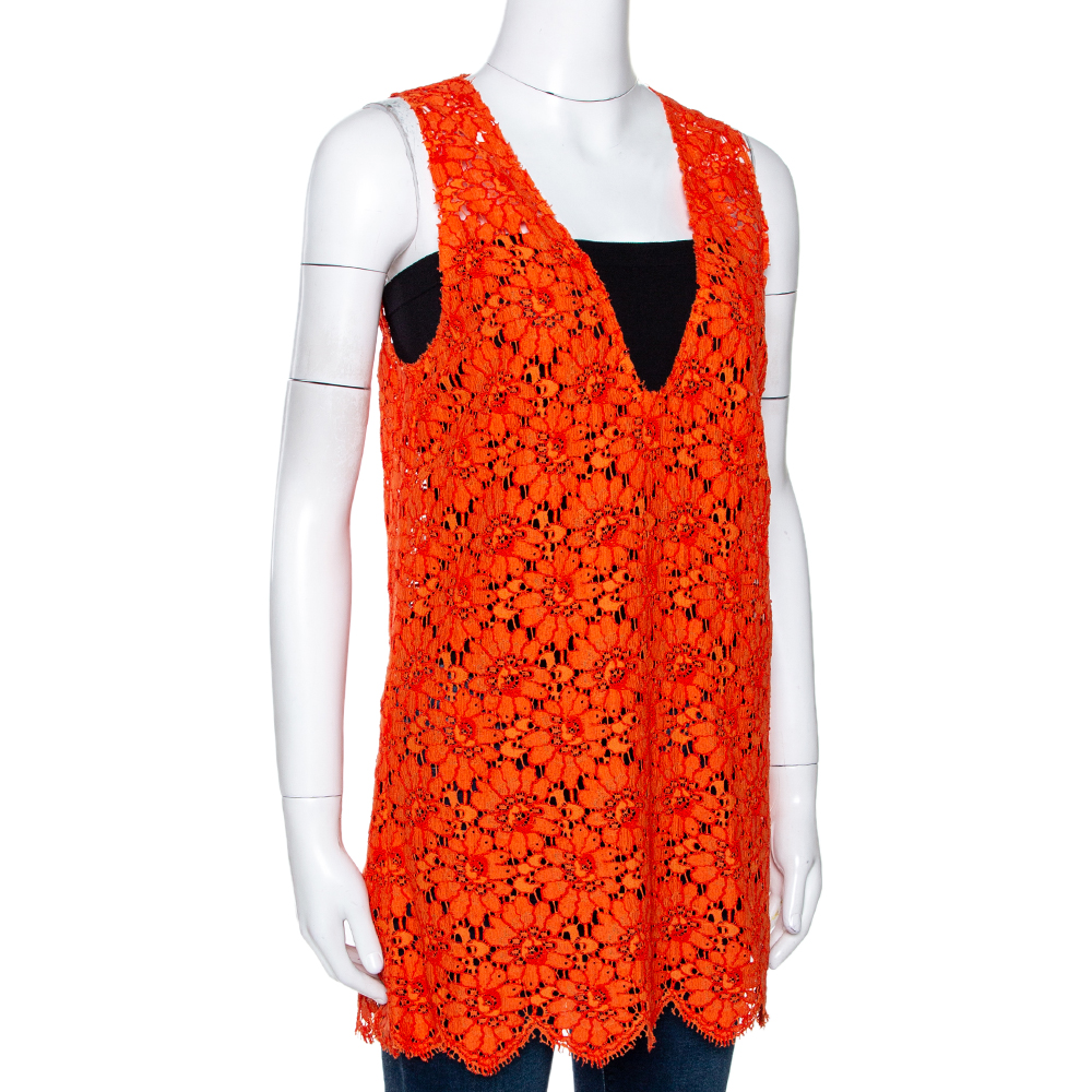 

Gucci Orange Floral Corded Lace Scalloped Sleeveless Top