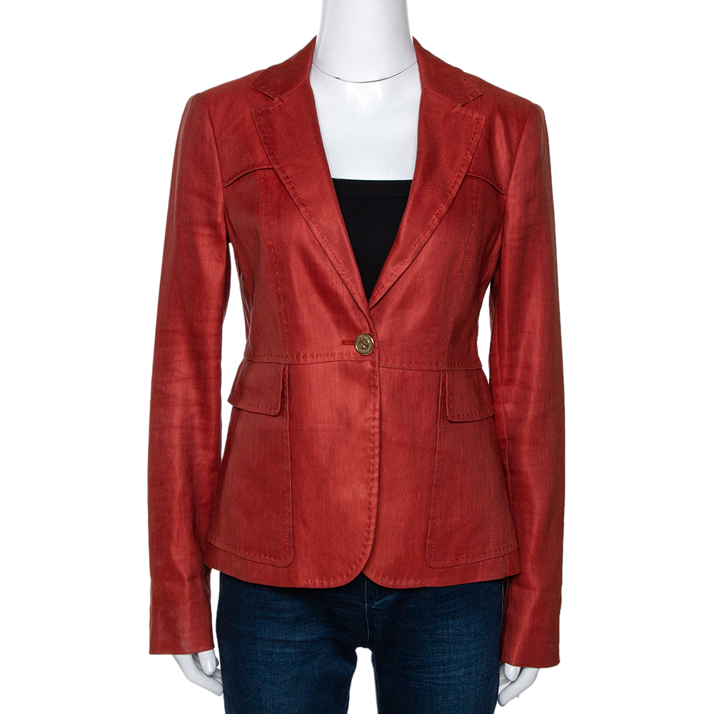 Pre Owned Gucci Brick Red Hemp & Silk Single Buttoned Blazer M