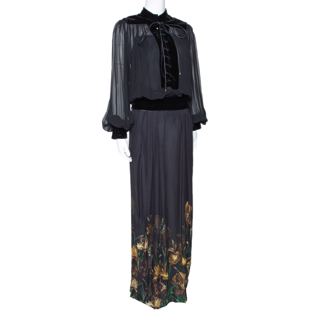 

Gucci Black Iris Print Silk Velvet Trim Maxi Dress