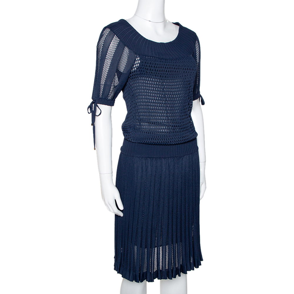 

Gucci Navy Blue Perforated Knit Pleated Midi Dress