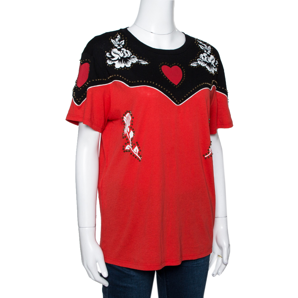 

Gucci Red Studded Rose Print Cotton T-Shirt