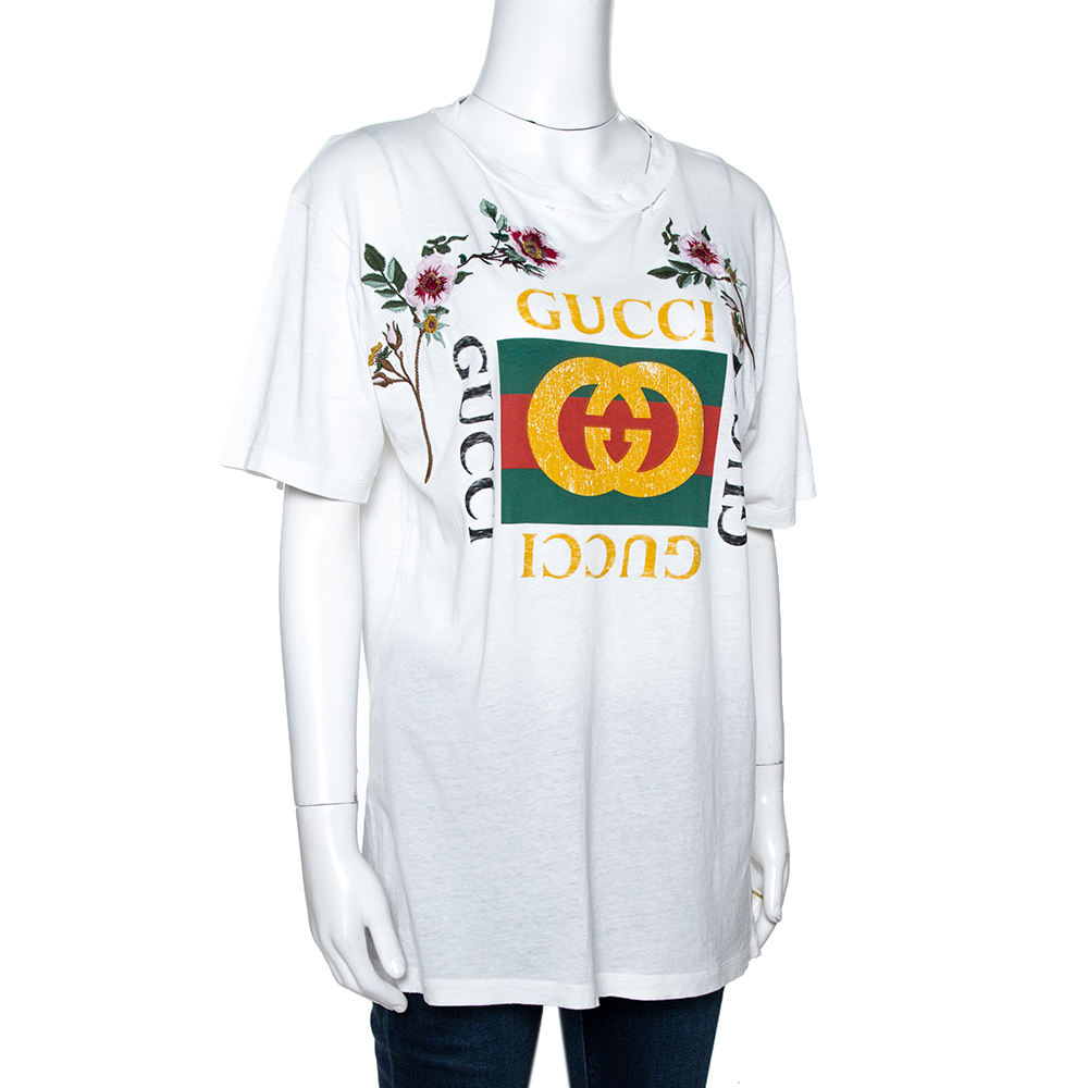 

Gucci White Logo Printed & Embroidered Cotton Distressed T-Shirt