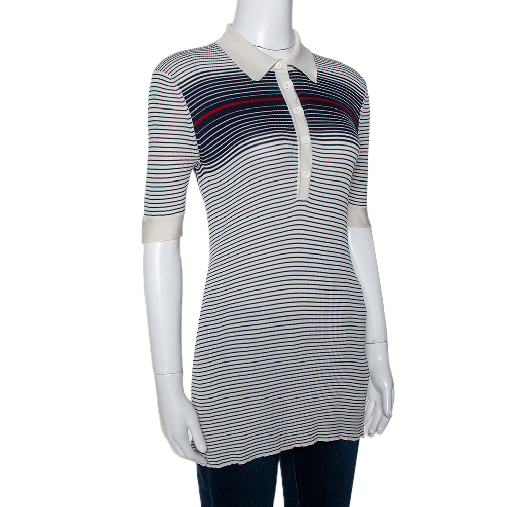 

Gucci Cream & Navy Striped Silk Knit Polo Top