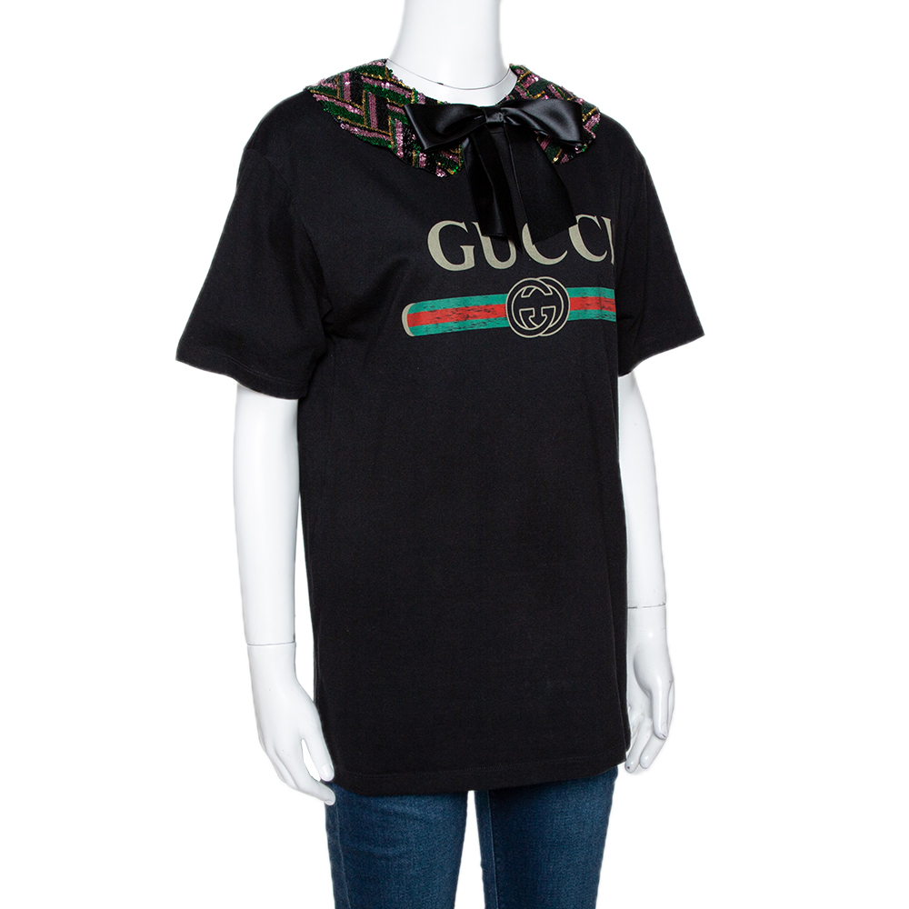 

Gucci Black Logo Print Cotton Sequin Embellished Collar T-Shirt