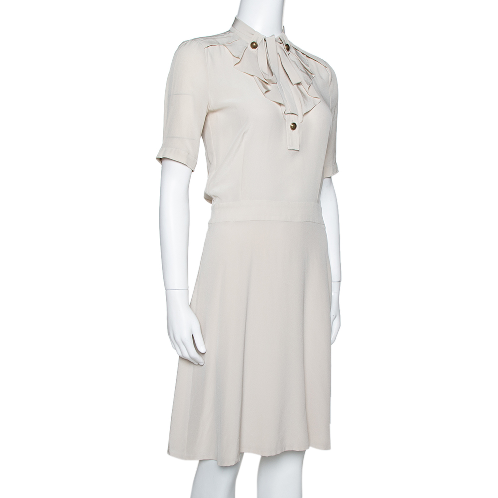 

Gucci Light Beige Silk Ruffled Tie Neck Dress