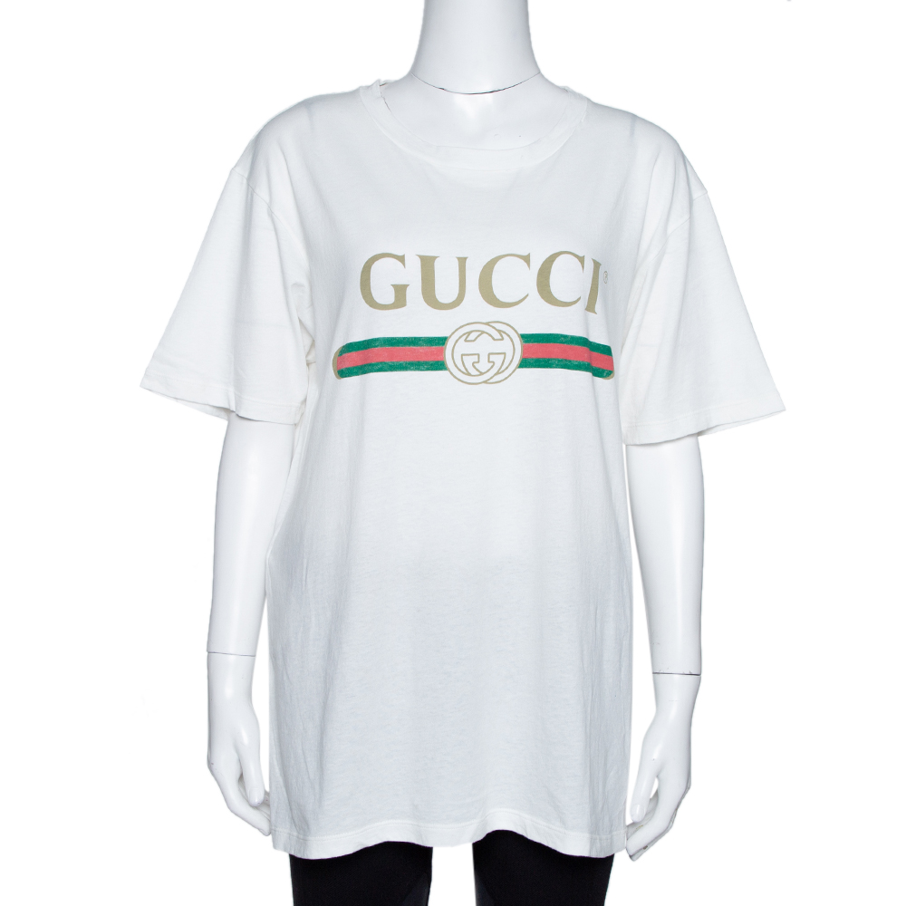 Pre Owned Gucci White Vintage Logo Print Cotton Worn Effect Oversized T-Shirt S