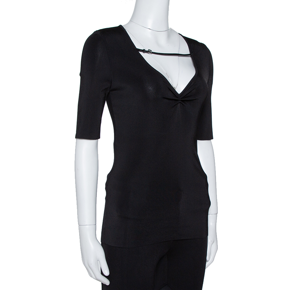 

Gucci Black Jersey Leather Strap Detail V-Neck Top