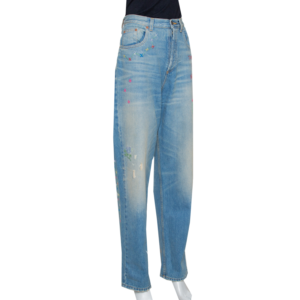 

Gucci Blue Heavy Washed Denim Embroidered Tapered Jeans