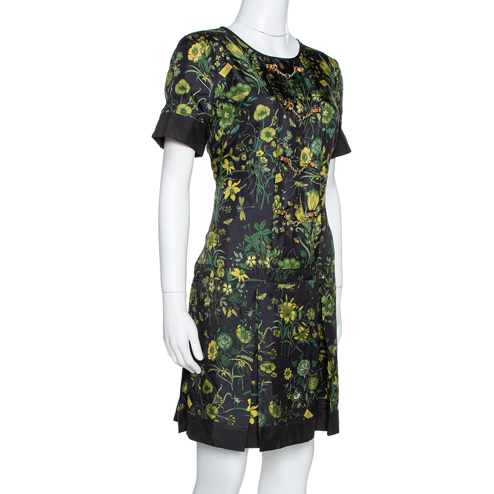 

Gucci Black Floral Print Silk Bamboo Chain Detail Mini Dress