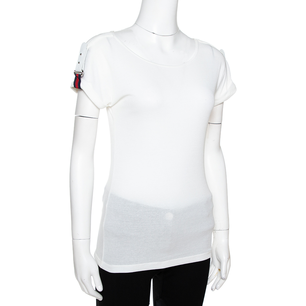

Gucci Off White Knit Webstripe Shoulder Buckle Detail Top
