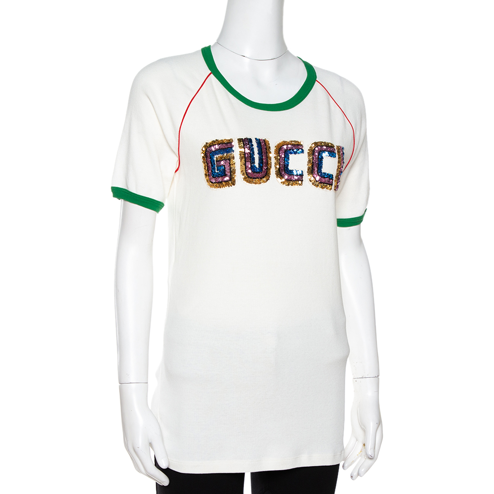 

Gucci Cream Knit Sequin Logo Applique Fitted T Shirt