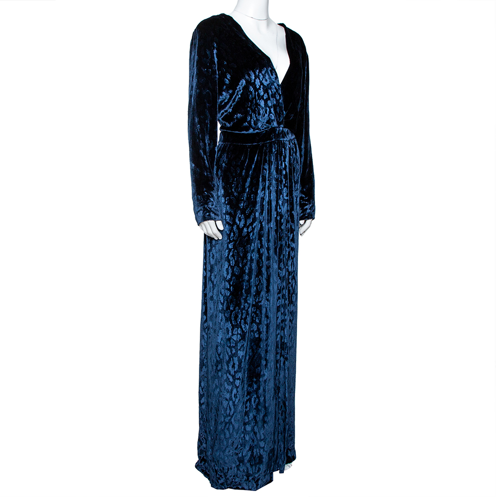 

Gucci Navy Blue Leopard Pattern Velvet Plunge Neck Gown