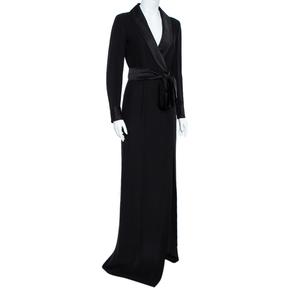 

Gucci Black Silk Shawl Lapel Belted Maxi Dress