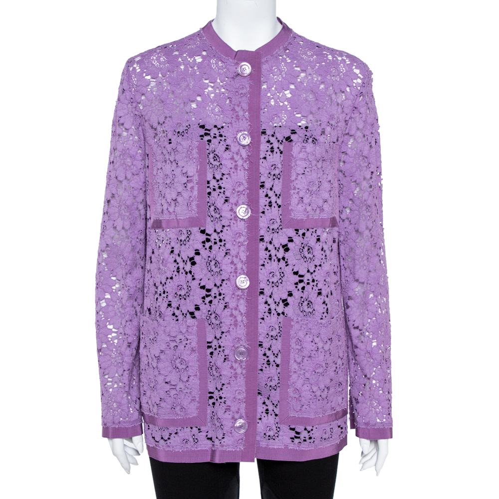 Pre Owned Gucci Purple Floral Lace Button Front Cardigan M