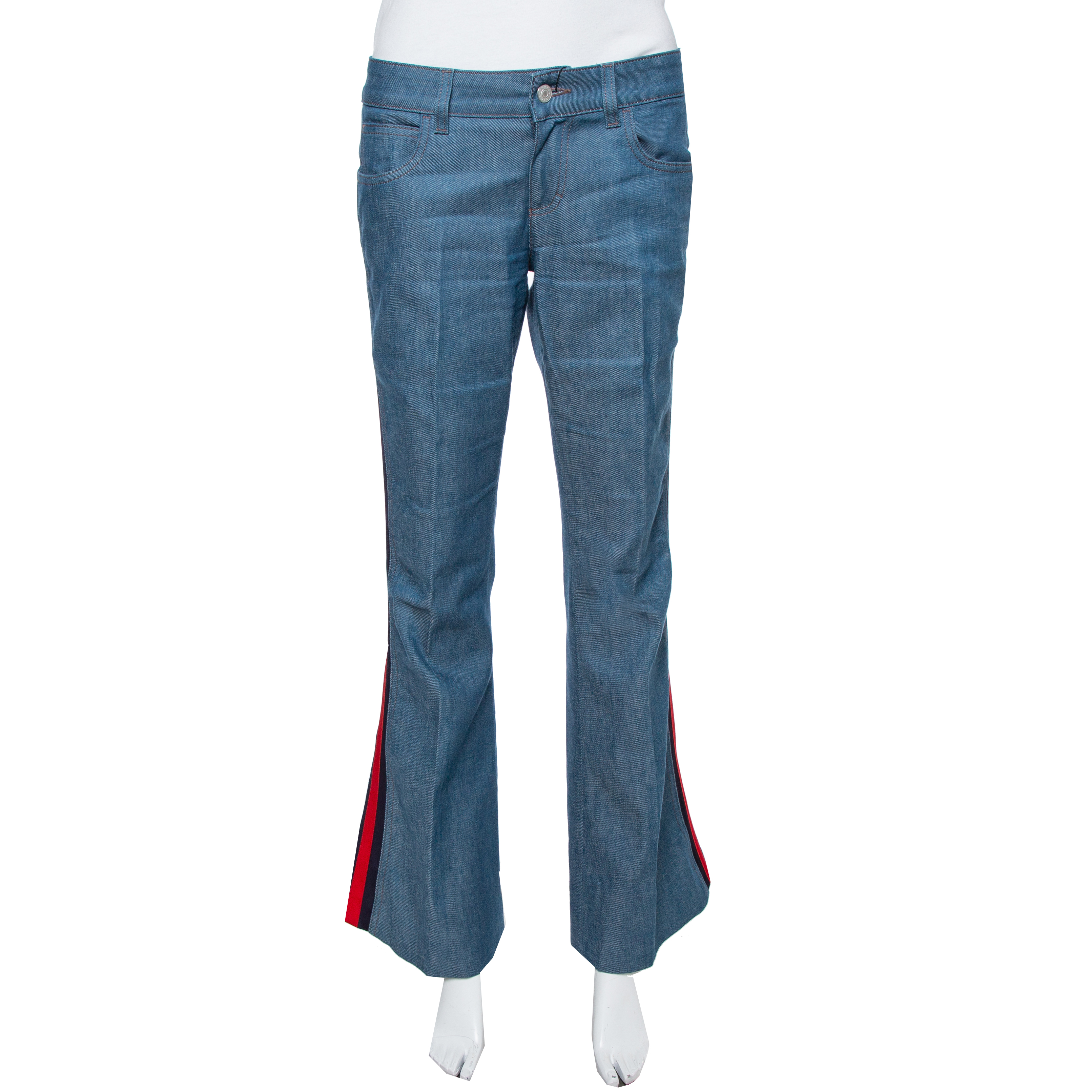 Pre-owned Gucci Indigo Denim Webstripe Detail New Flared Jeans M In Blue