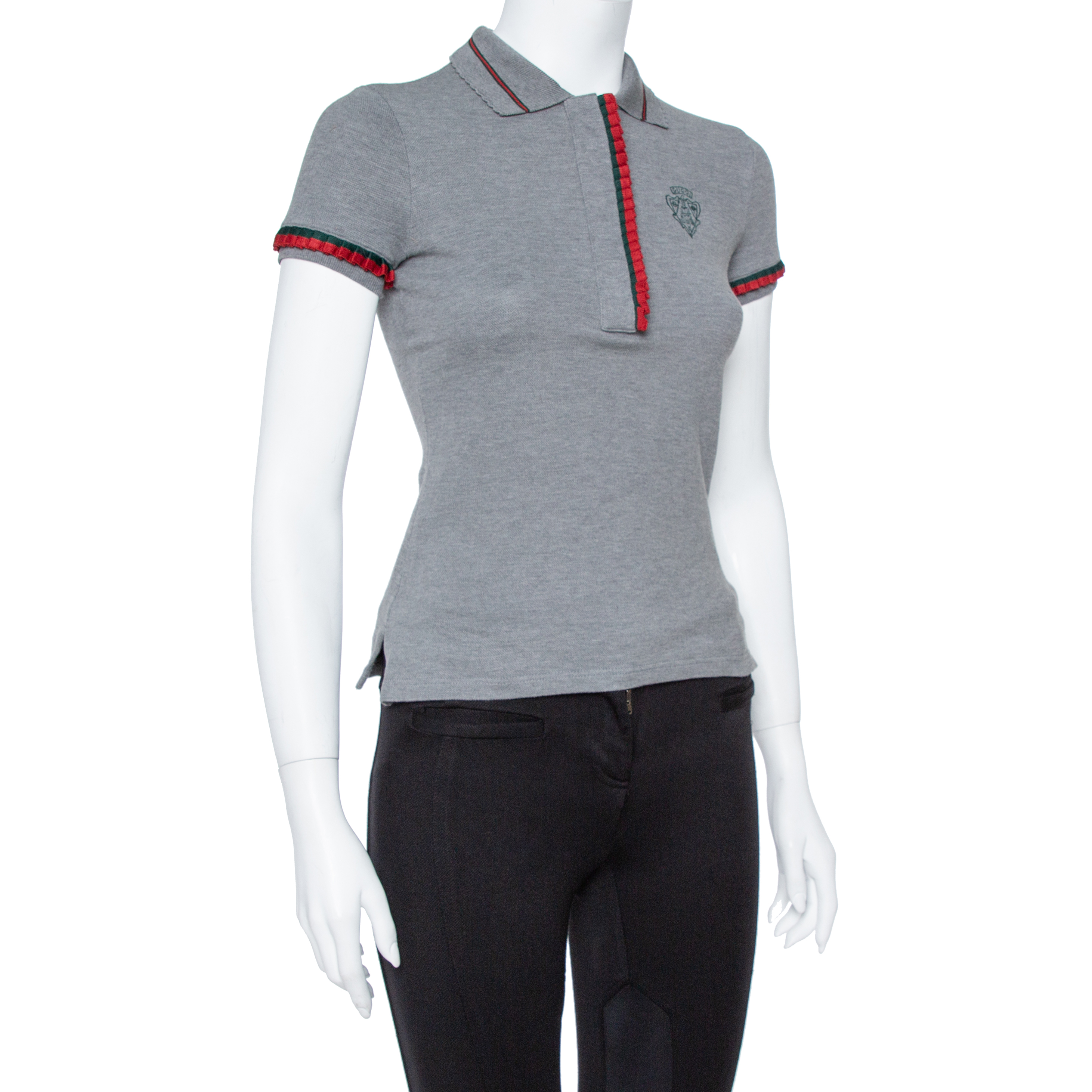 

Gucci Grey Cotton Web Trim Fitted Polo T-Shirt