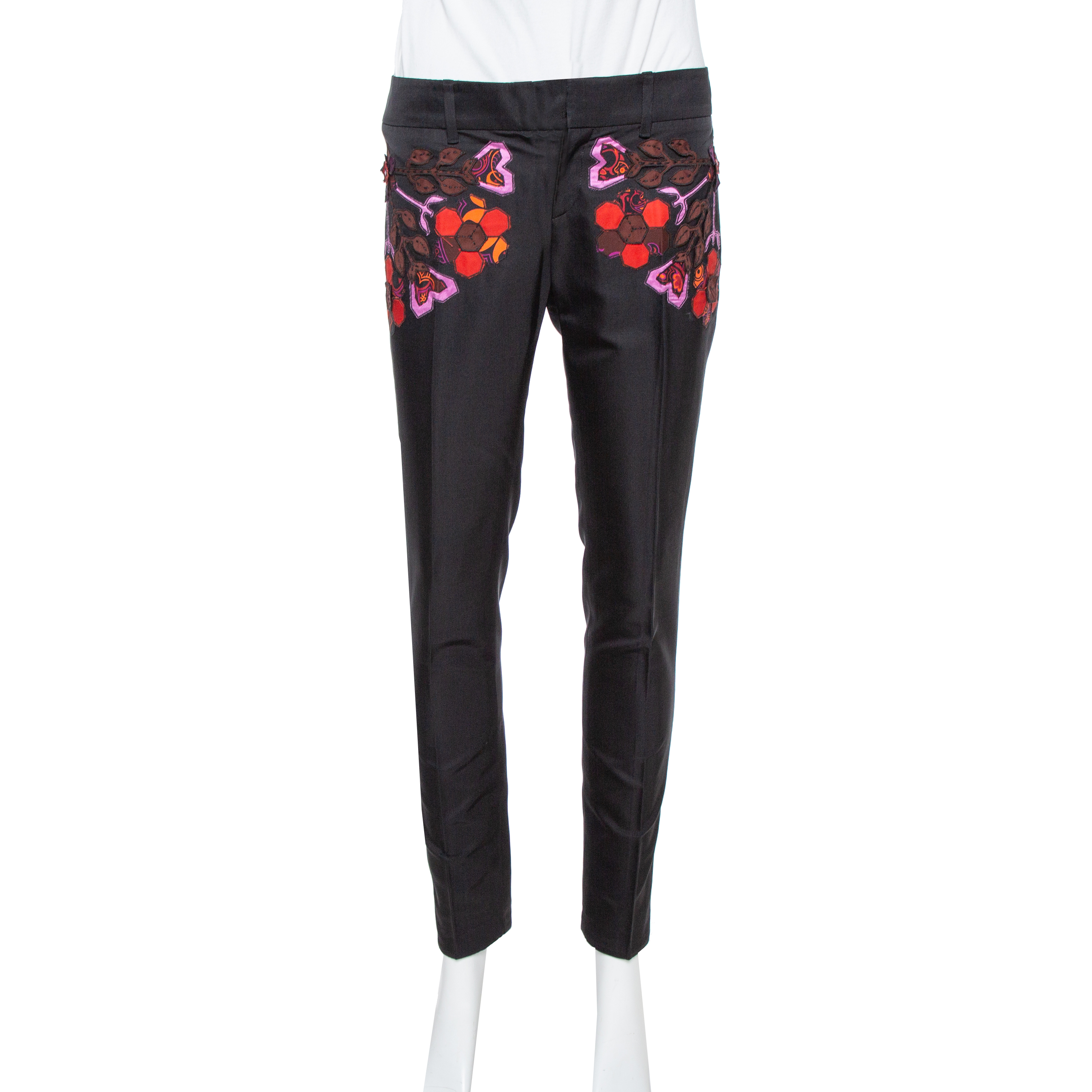Pre-owned Gucci Black Cotton & Silk Floral Appliqued Pants S