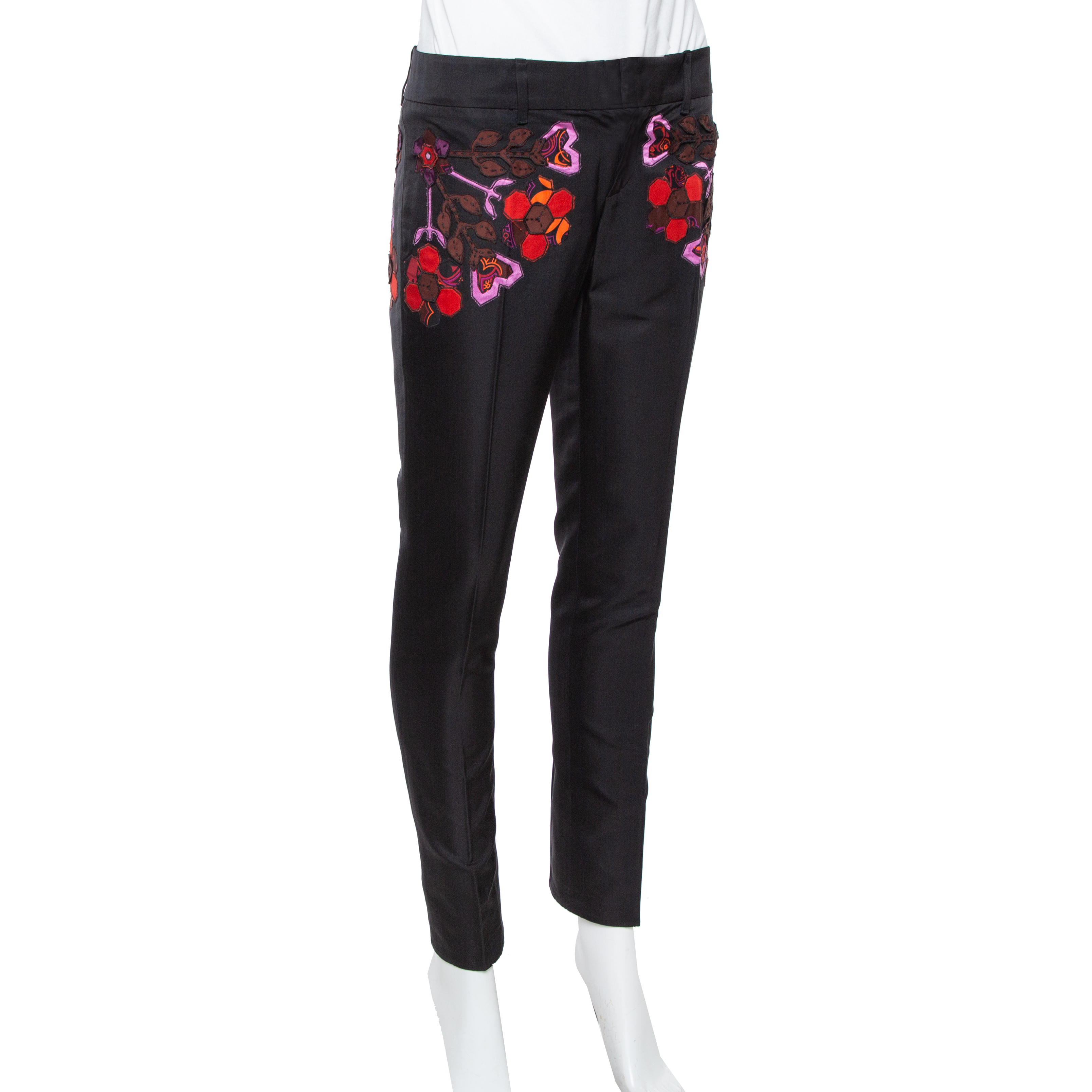 

Gucci Black Cotton & Silk Floral Appliqued Pants