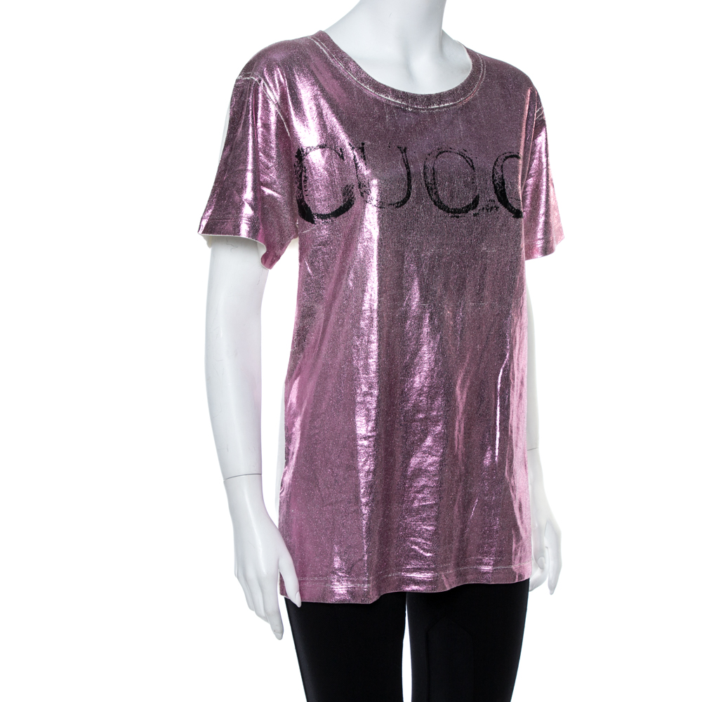 

Gucci Metallic Pink Cotton Blind For Love Applique T-Shirt
