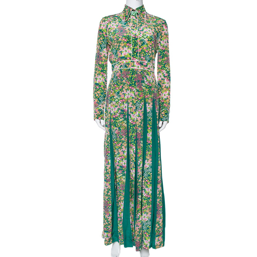 Gucci Green Floral Printed Silk Pleated Maxi Dress S