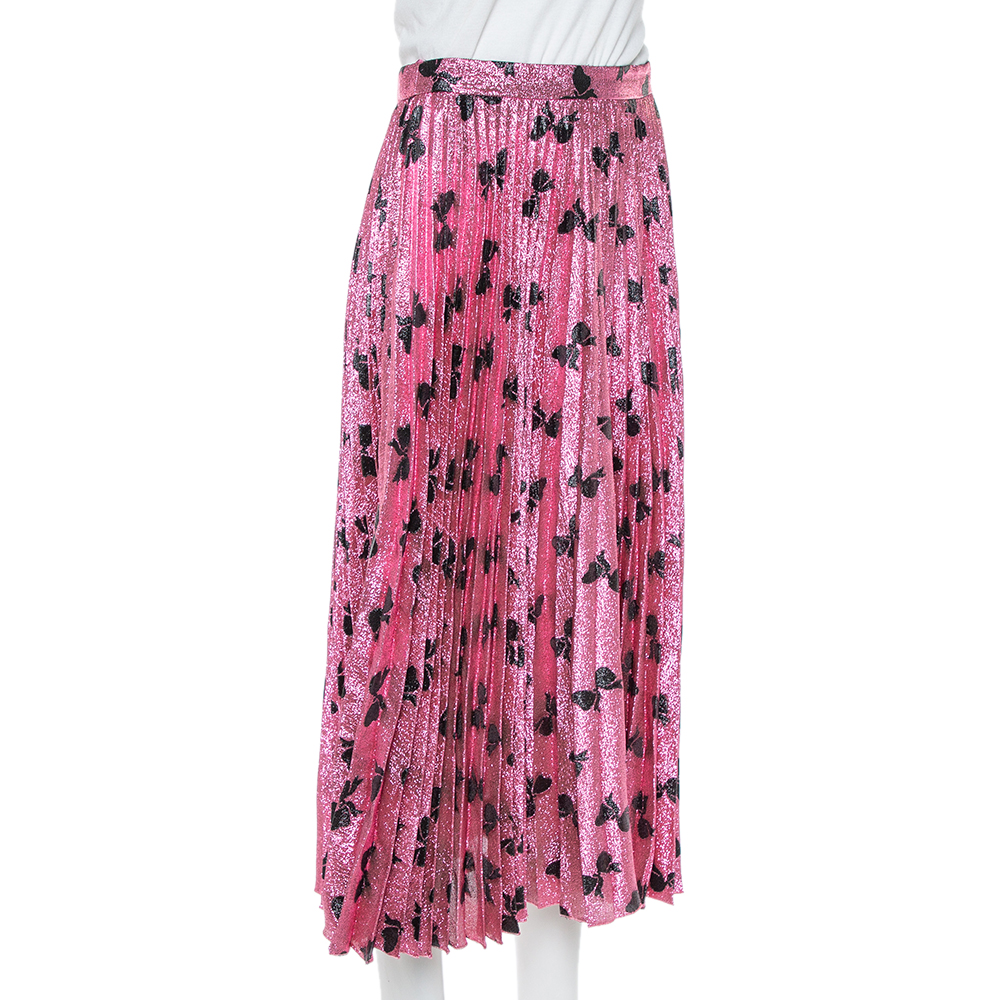 

Gucci Pink Lurex Silk Bow Intarsia Pleated Midi Skirt