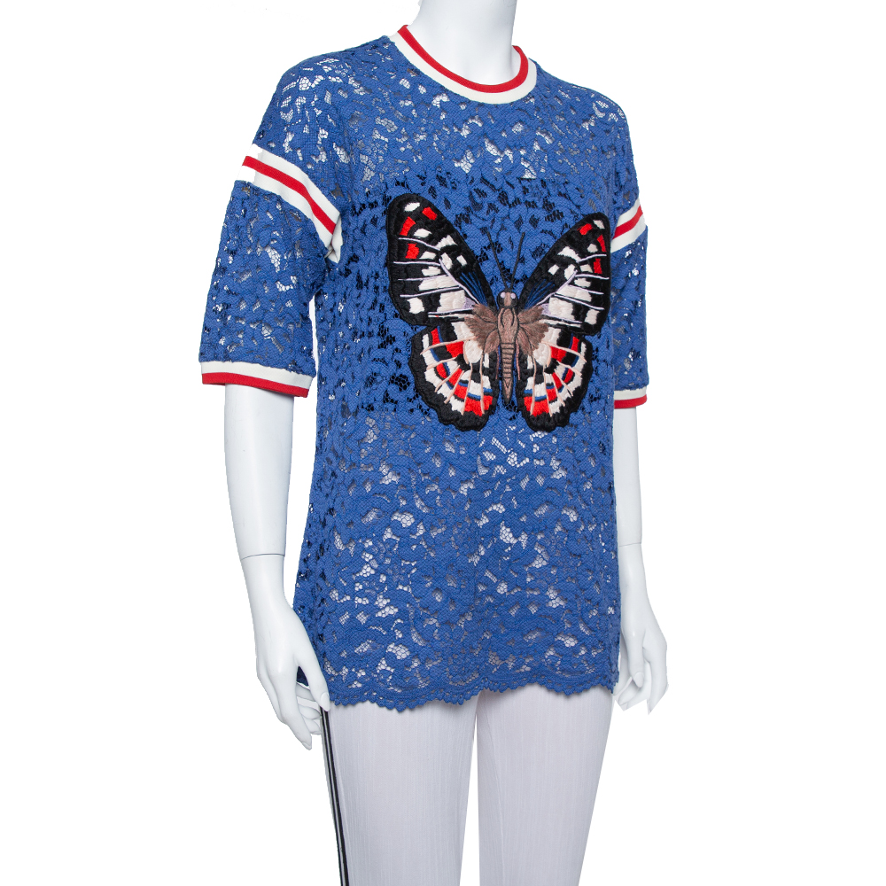 

Gucci Blue Floral Lace Butterfly Applique Detail top